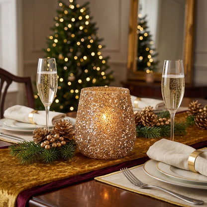 13.5cm Gold Beaded Tealight Holder with sparkling gold and silver detailing, illuminated on a festive Christmas dining table with elegant decorations.