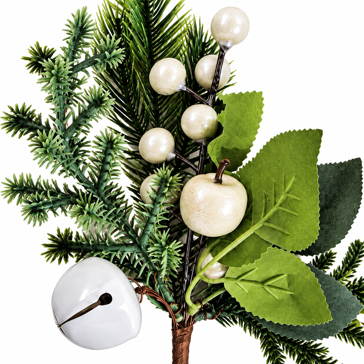Green Bell Pick 24cm close-up with evergreen foliage, ivory berries and decorative apple