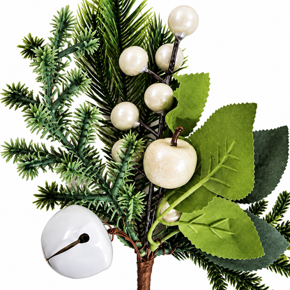 Green Bell Pick 24cm close-up with evergreen foliage, ivory berries and decorative apple
