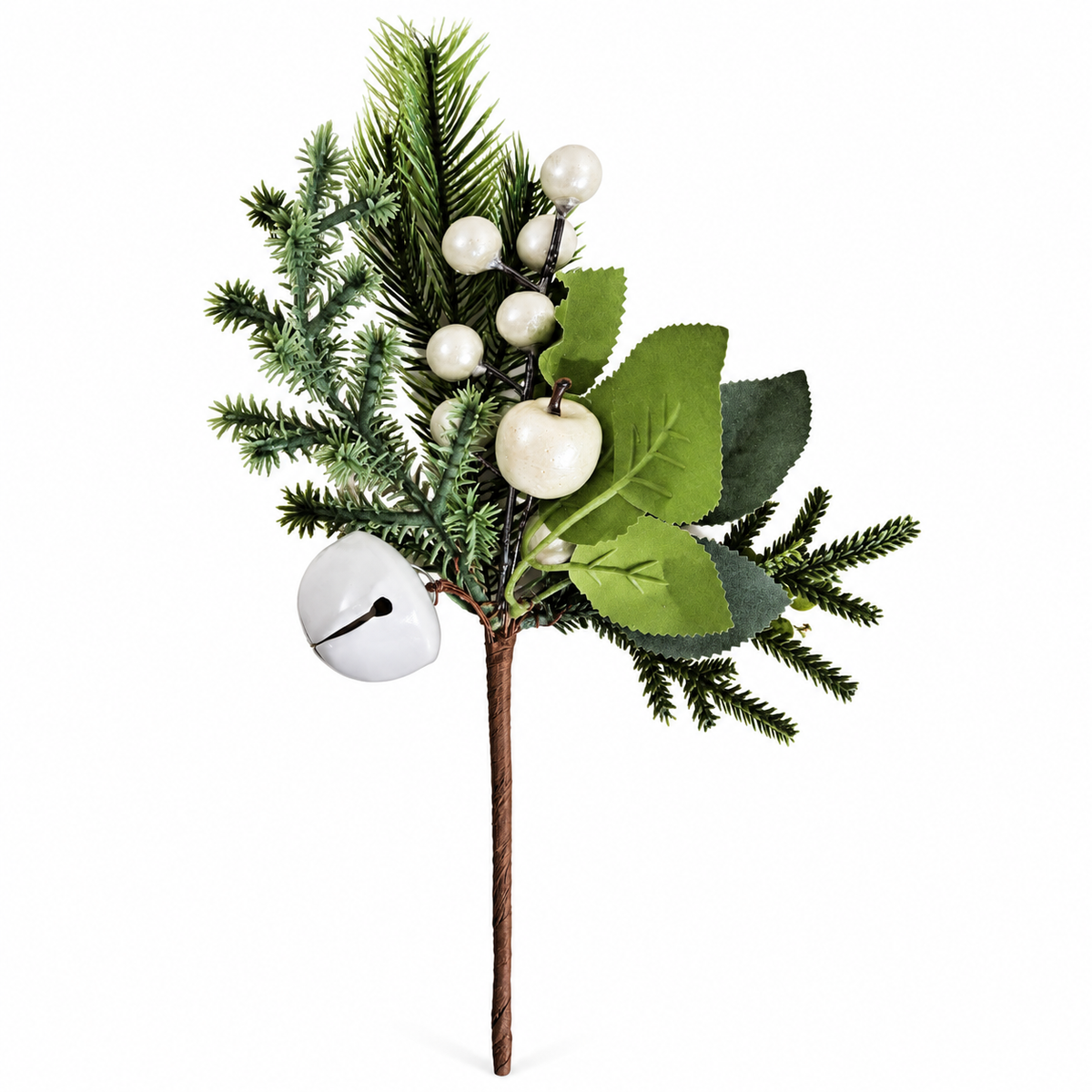 Green Bell Pick 24cm Christmas foliage decoration with ivory berries and white bell
