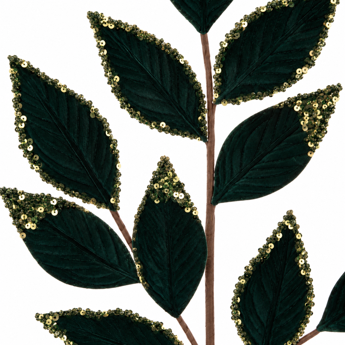 Green & Gold Velvet Glitter Leaf Spray 75cm close-up with gold sequin detailing
