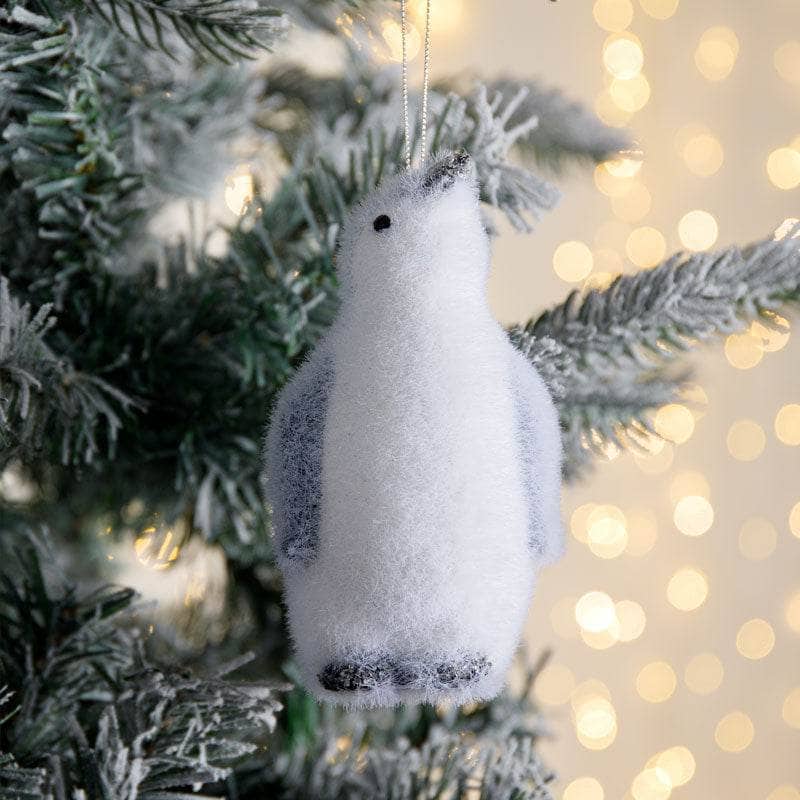 Christmas  -  Grey Fluffy Penguin Christmas Tree Decoration - 13cm  -  60008613