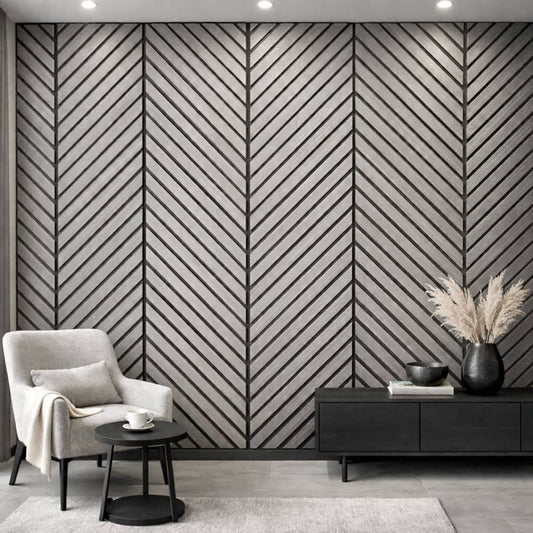 Wall Panelling  -  Slim Herringbone Acoustic Panel - Grey Oak  -  60418249