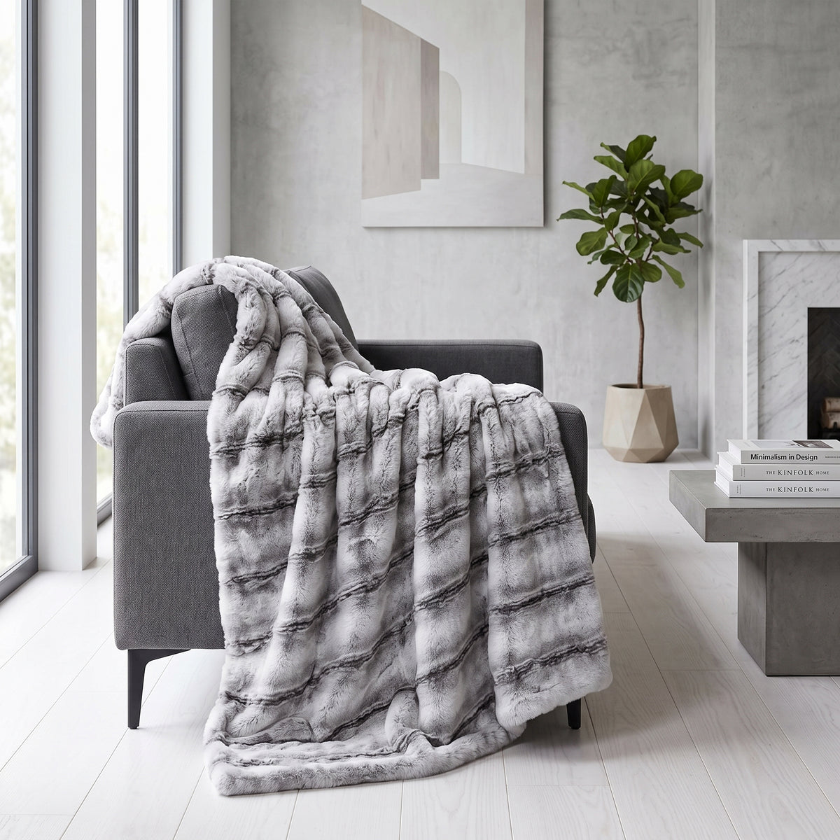 Grey Brushed Faux Rabbit Fur Throw Blanket - 150x200cm