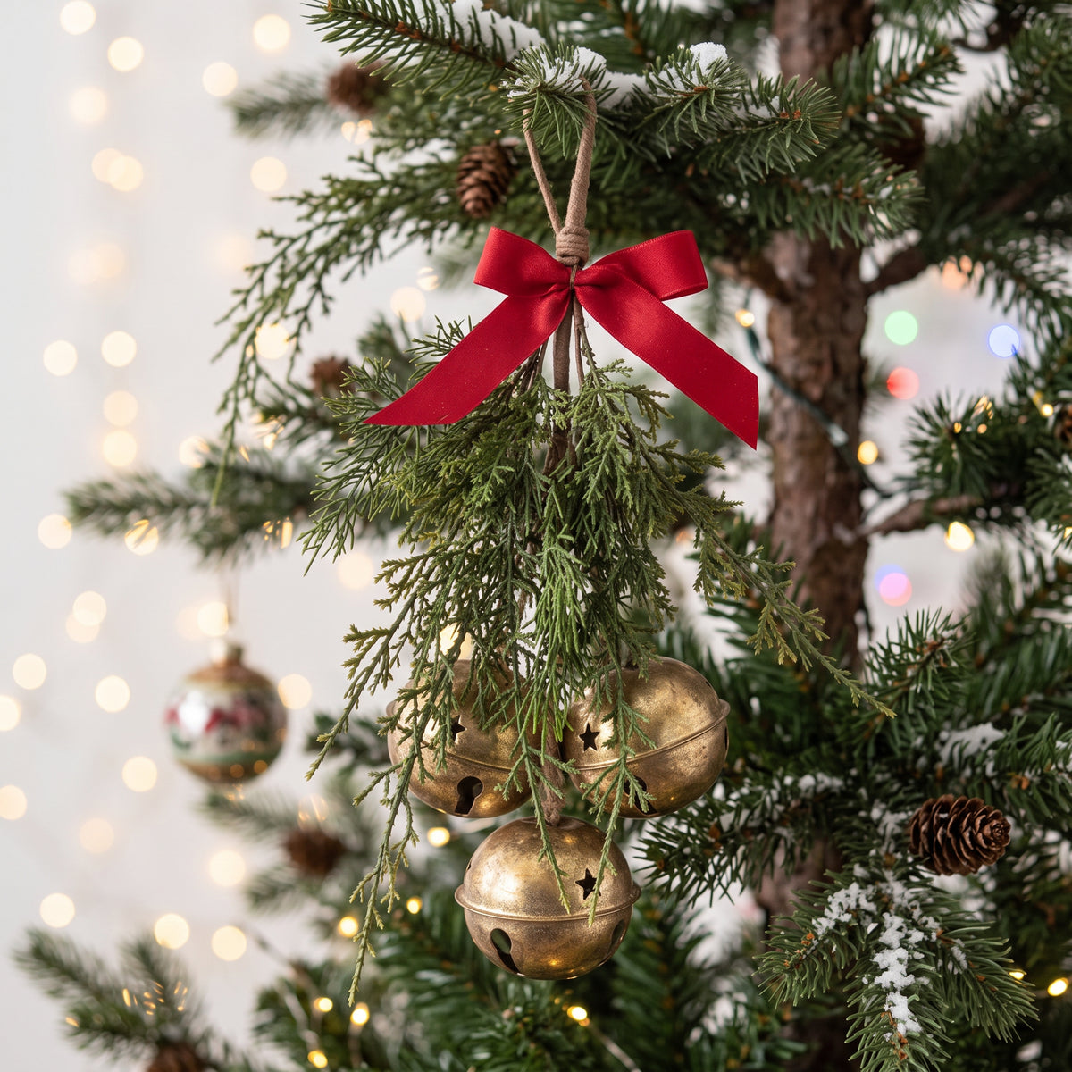 Hanging Bells With Bow Decoration 36cm antique gold Christmas bells with red bow and green foliage