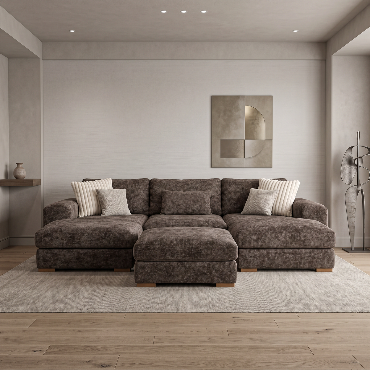 Henly Compact U-Shape Sofa & Stool - Chocolate