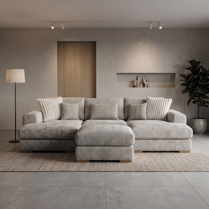 Henly Compact U-Shape Sofa & Stool - Stone