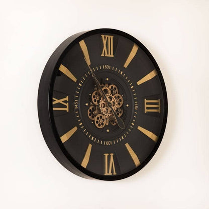 Mirrors  -  Tempered Glass Black & Gold Gears Wall Clock - 80cm  -  60011549