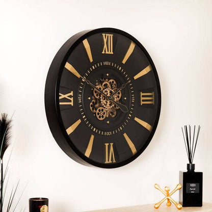 Mirrors  -  Tempered Glass Black & Gold Gears Wall Clock - 80cm  -  60011549
