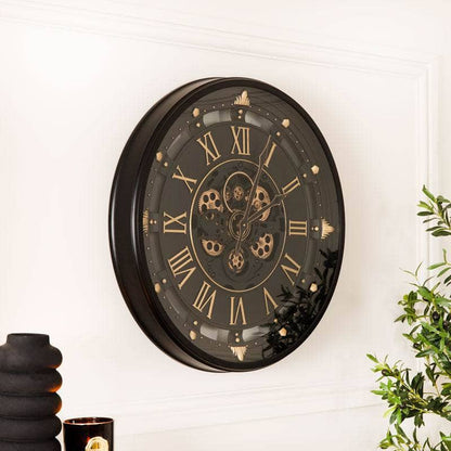 Homeware  -  Tempered Glass Black & Gold Gears Wall Clock - 66cm  -  60011551