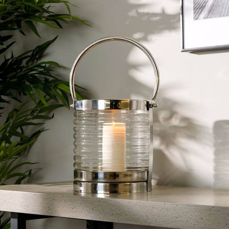 Homeware  -  Silver Stainless Steel & Ribbed Glass Lantern - 23cm  -  60008068