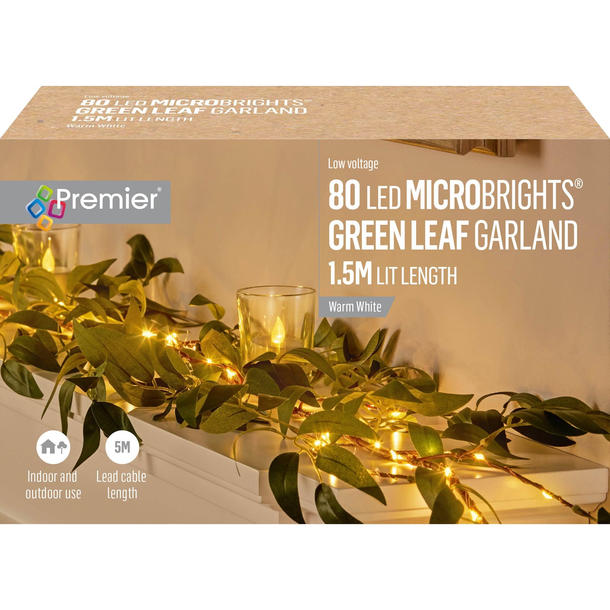 Christmas  -  Green Leaf Garland With Warm White Micro LEDs - 1.5m  -  60484029