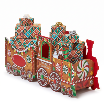 Large Gingerbread Christmas Train Gift Box with festive presents and candy decorations