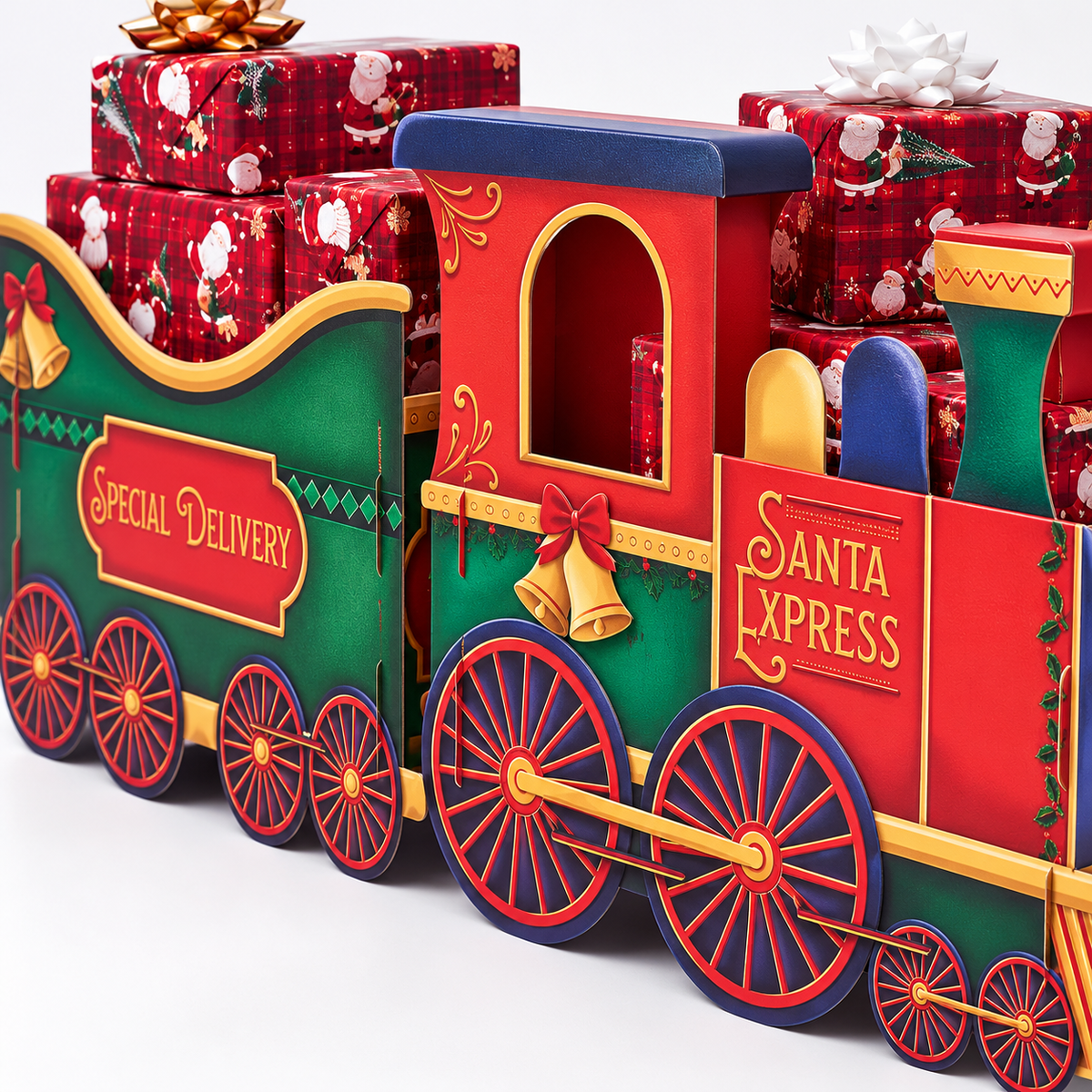 Large Santa Christmas Train Gift Box - Red close-up Santa Express festive train decoration
