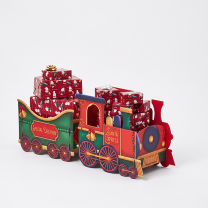 Large Santa Christmas Train Gift Box - Red festive train decoration with wrapped Christmas presents