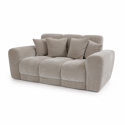 Maine 2 Seater Sofa Latte front angle – modern two seater fabric sofa with scatter cushions