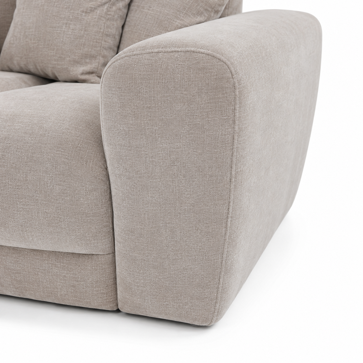 Maine 2 Seater Sofa Latte arm close-up – rounded upholstered arm and textured fabric