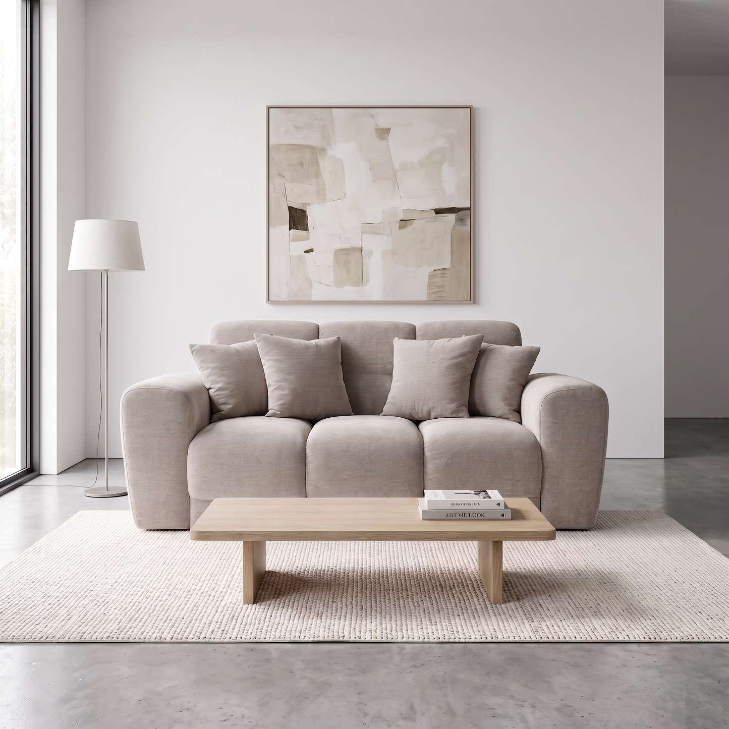 Maine 2 Seater Sofa Latte in modern living room – neutral contemporary fabric sofa
