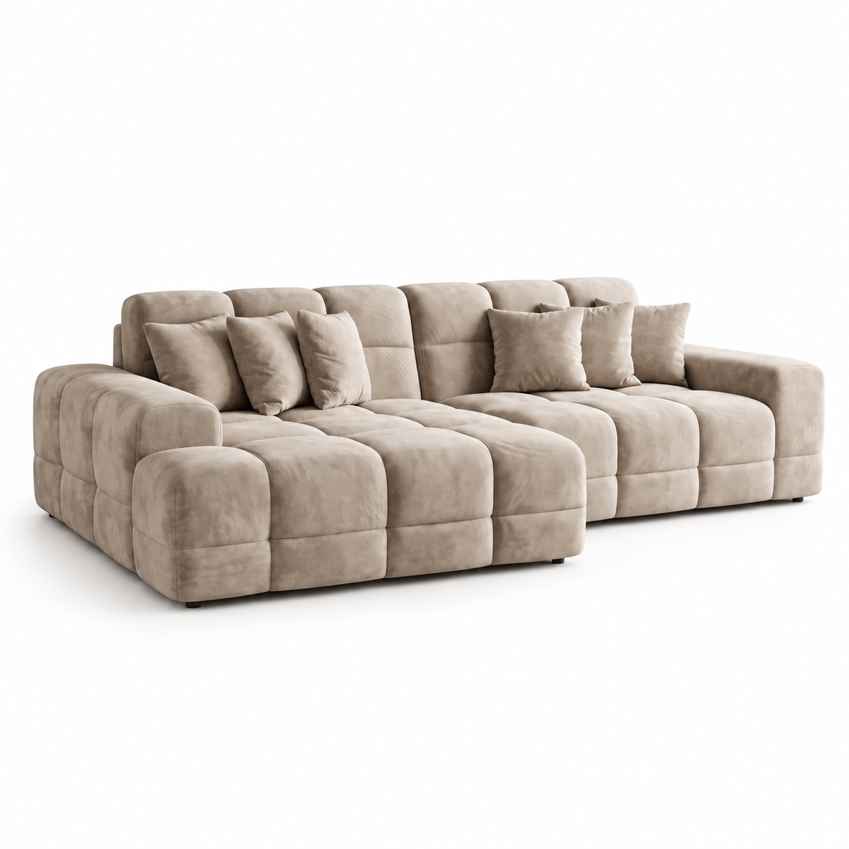 Maine LHF Corner Sofa Mocha full view with left-hand chaise and coordinating scatter cushions