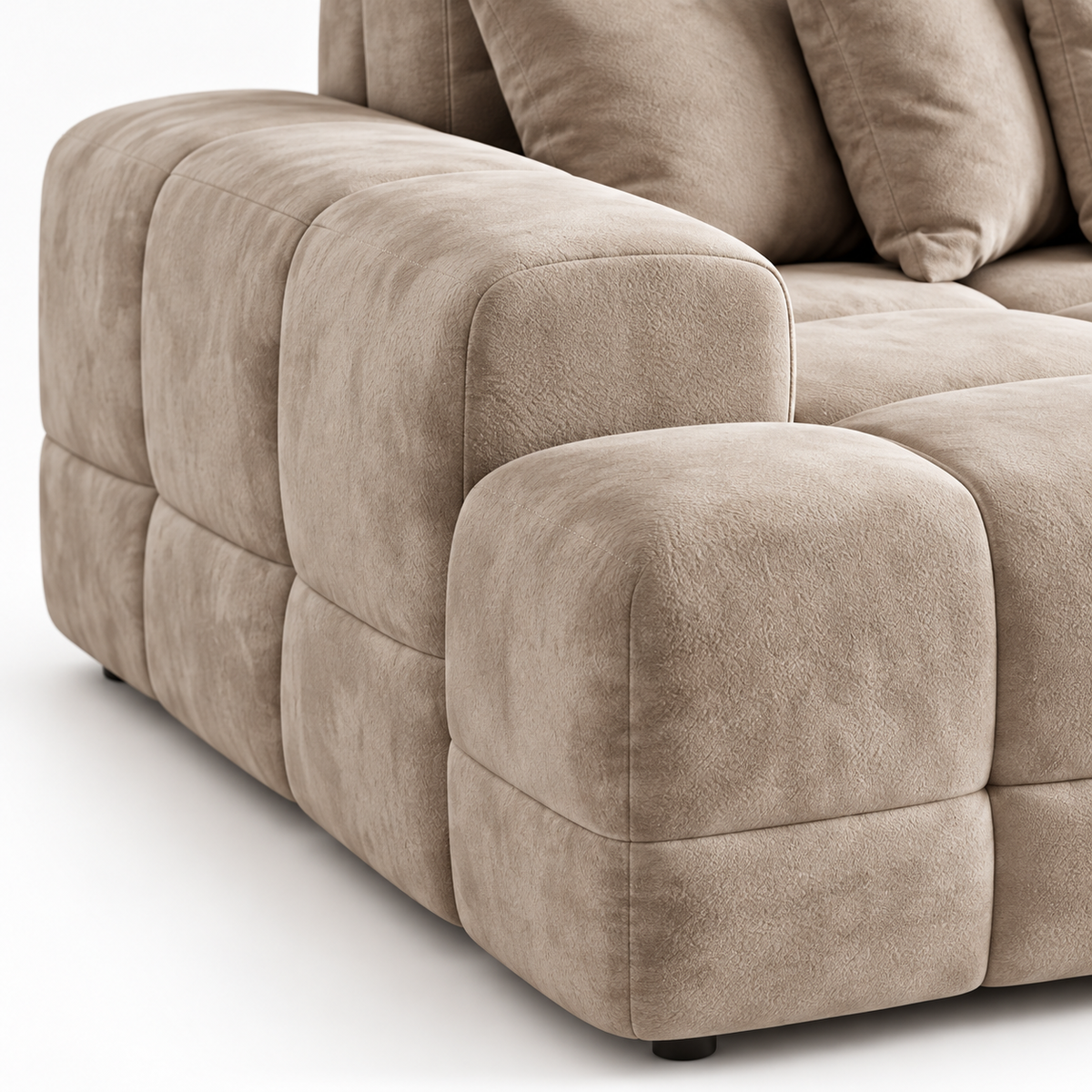 Maine LHF Corner Sofa Mocha close-up of padded arm, deep seat cushions and soft textured upholstery