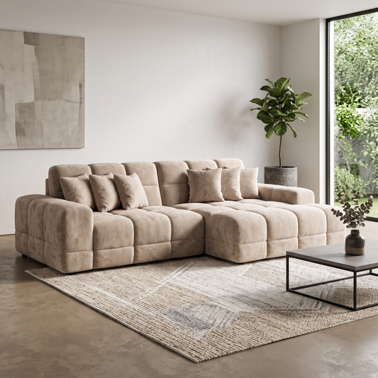 Maine RHF Corner Sofa Mocha in modern neutral living room with right-hand chaise and scatter cushions
