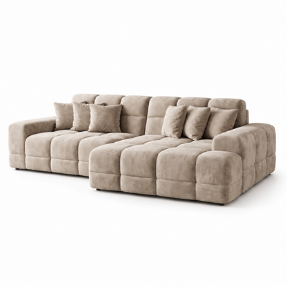 Maine RHF Corner Sofa Mocha full product view with spacious chaise, deep seats and soft textured fabric