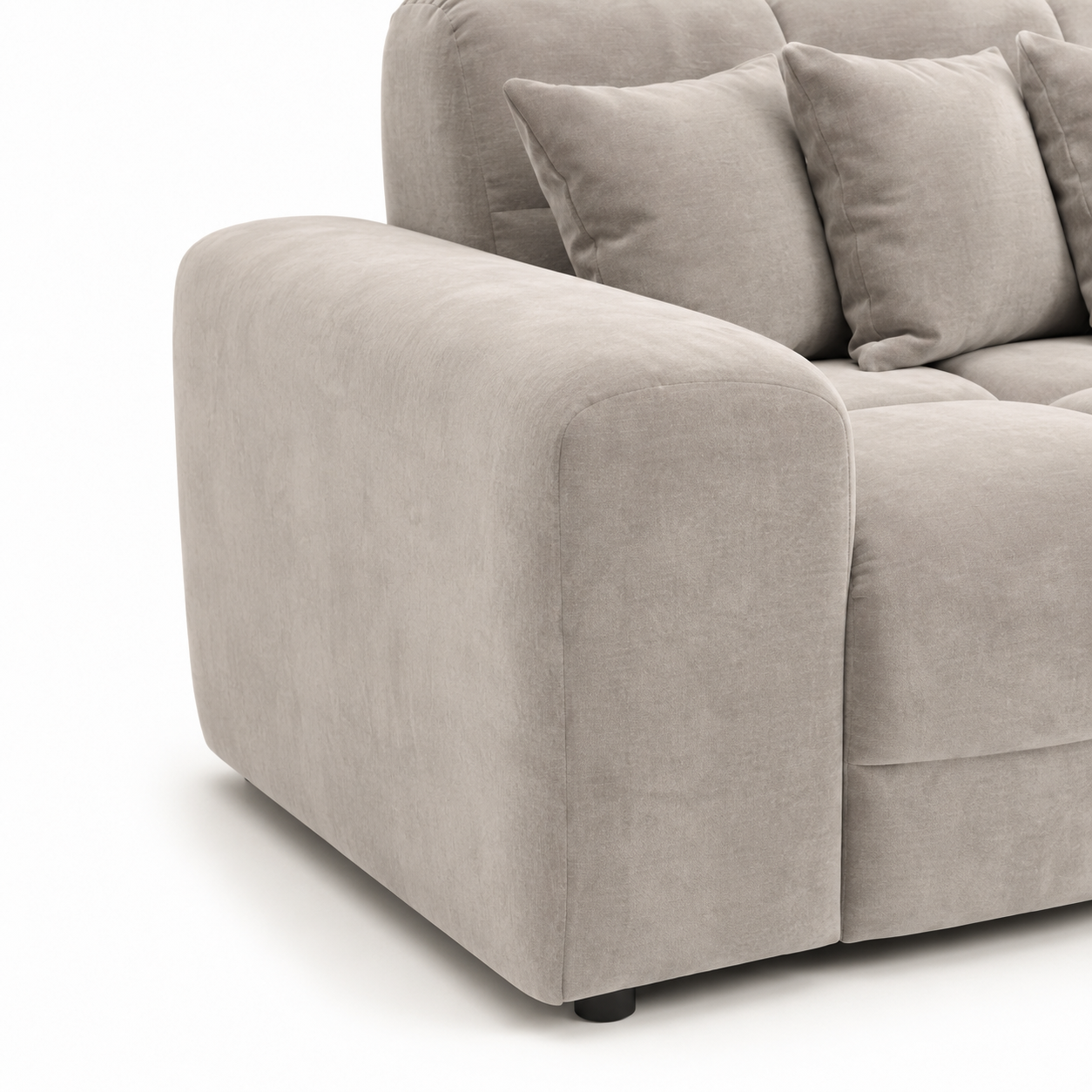 Maine Right Hand Facing Corner Sofa Latte close-up of wide upholstered arm – modern neutral fabric corner sofa