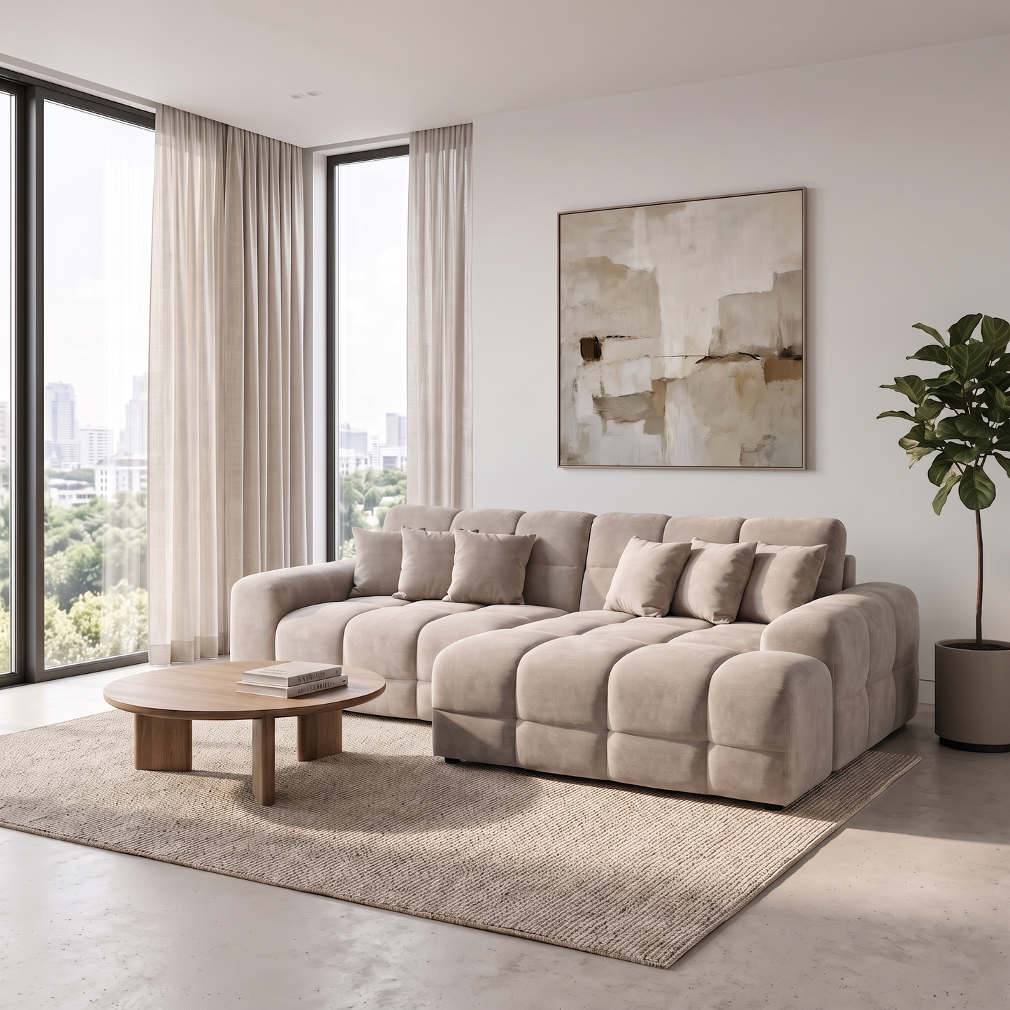 Maine Right Hand Facing Corner Sofa Latte in modern living room – large contemporary chaise sofa