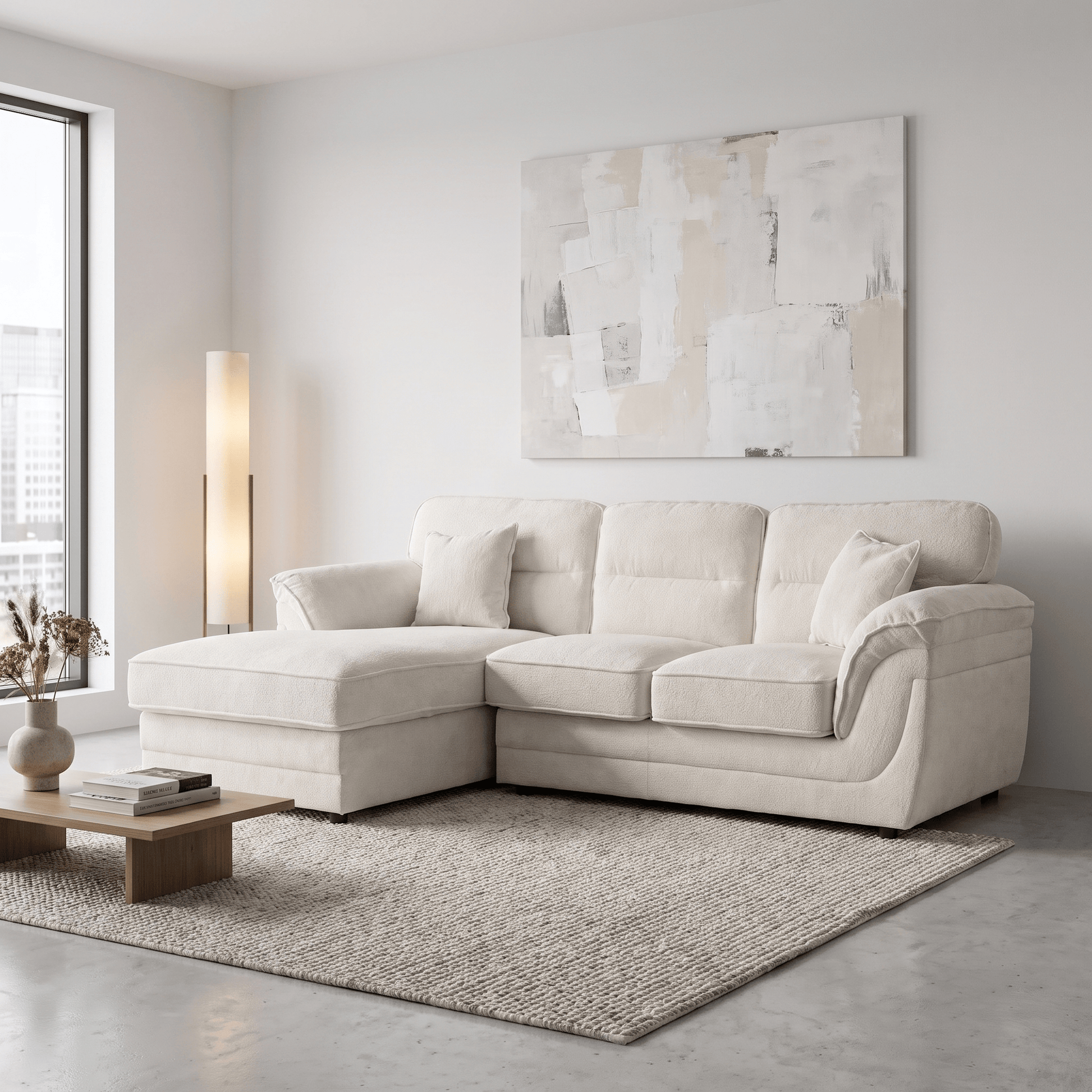 Margot LHF Chaise Sofa - White styled in modern living room with neutral décor