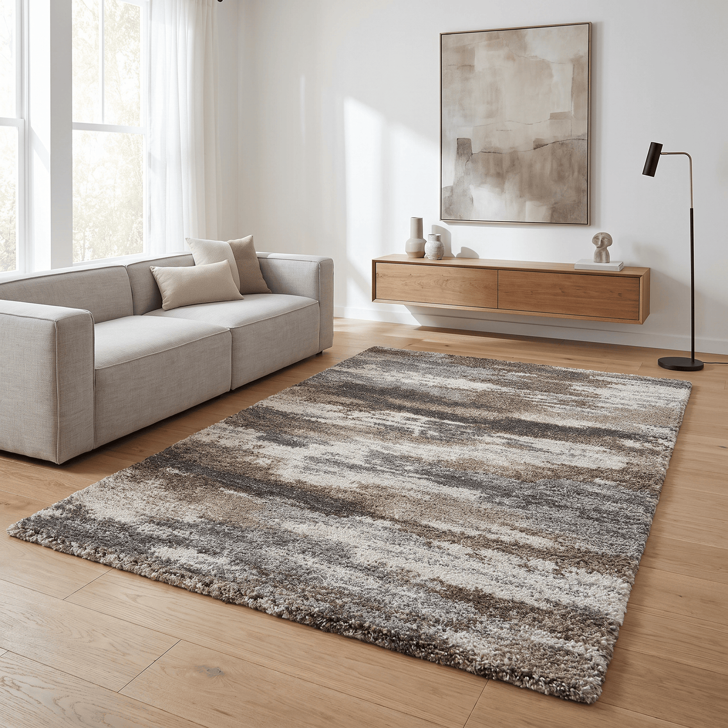 Mehari Green Cloud Rug styled in modern neutral living room with contemporary furniture