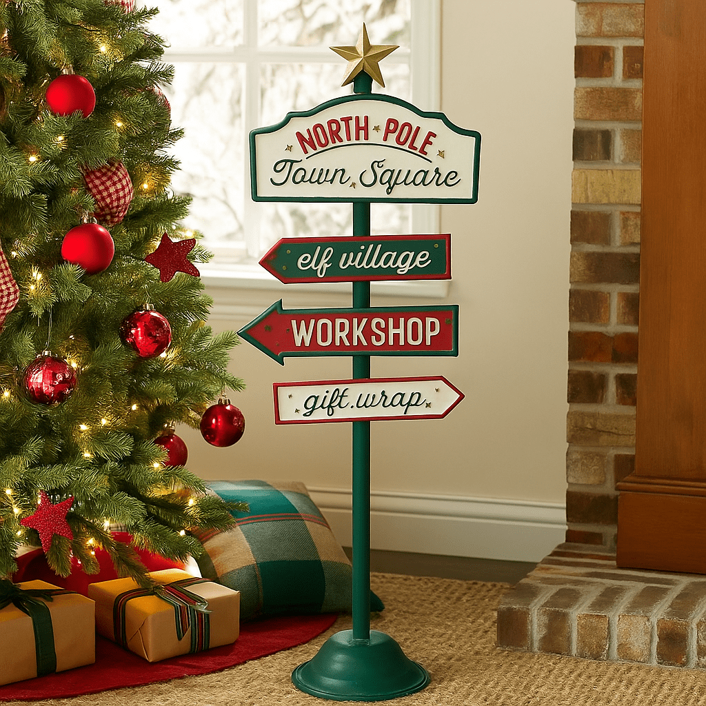 North Pole Signpost 46cm Christmas decoration featuring colourful directional signs and a gold star, displayed beside a Christmas tree with red baubles, warm fairy lights and wrapped presents.