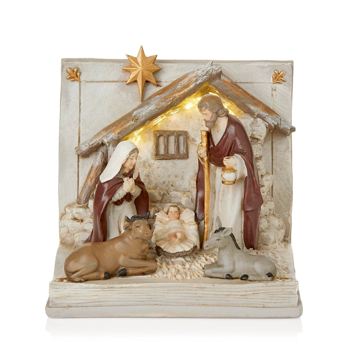 17cm Open Book Nativity Scene Christmas ornament featuring Mary, Joseph, baby Jesus, a cow and donkey beneath a rustic stable with warm white LED lights and gold star.