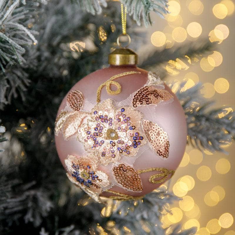 Christmas  -  Pink and Gold Embroidered Glass Bauble - 10cm  -  60000924