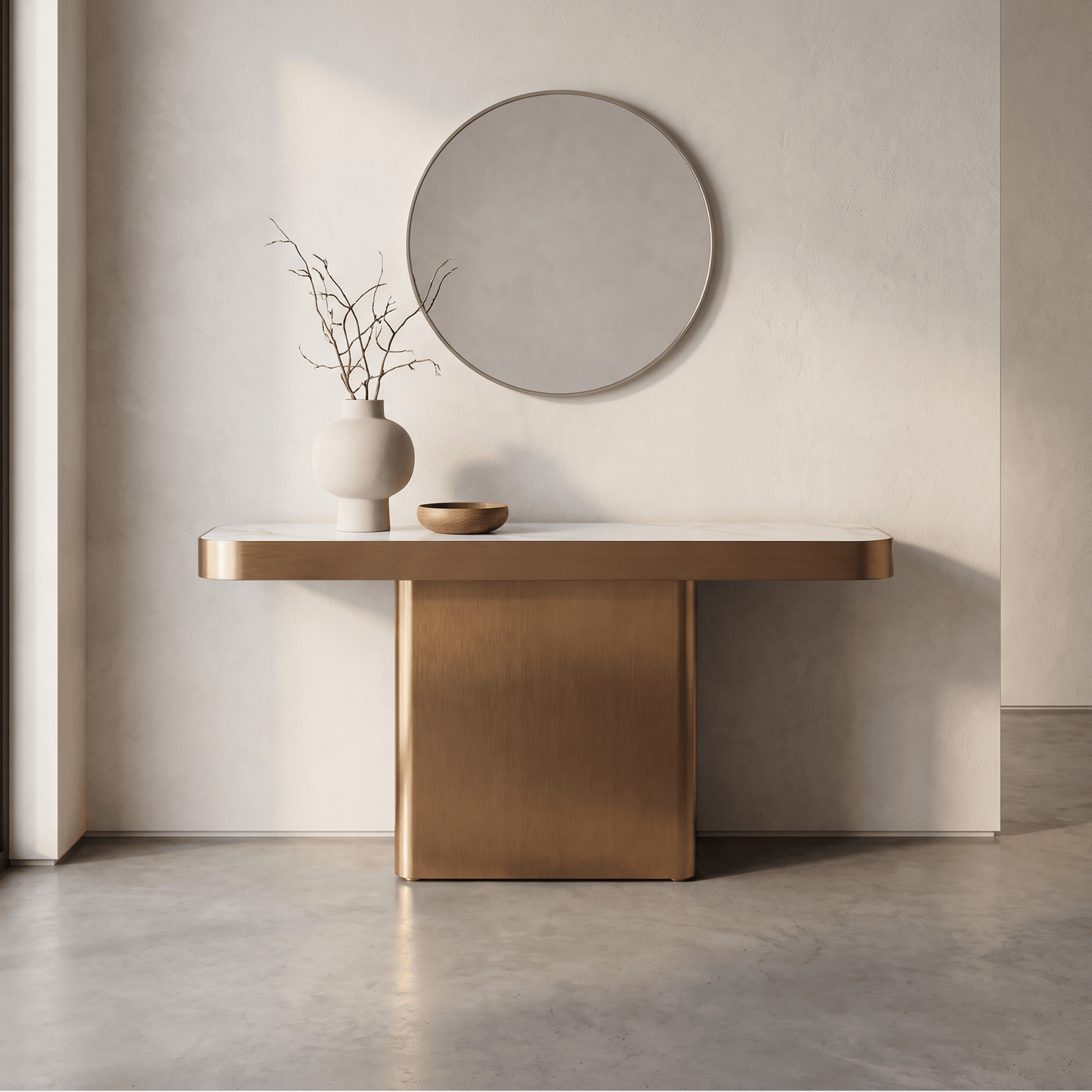 Poppy Console Table Bronze styled in modern hallway with marble effect top