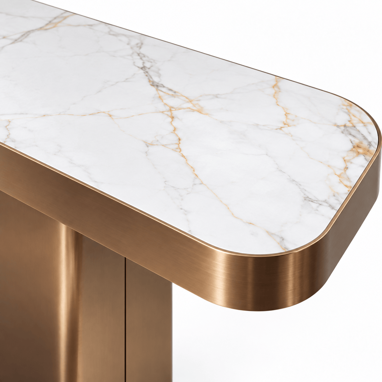 Poppy Console Table Bronze close up of white marble effect tabletop with gold veining