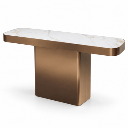 Poppy Console Table Bronze full view modern bronze console with marble effect top