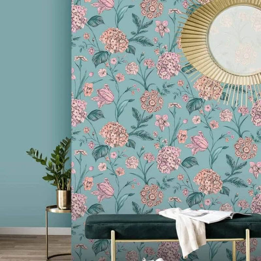 Wallpaper  -  Rasch Amelie Hydrangea Floral Teal/Pink Wallpaper - 260155  -  60013721