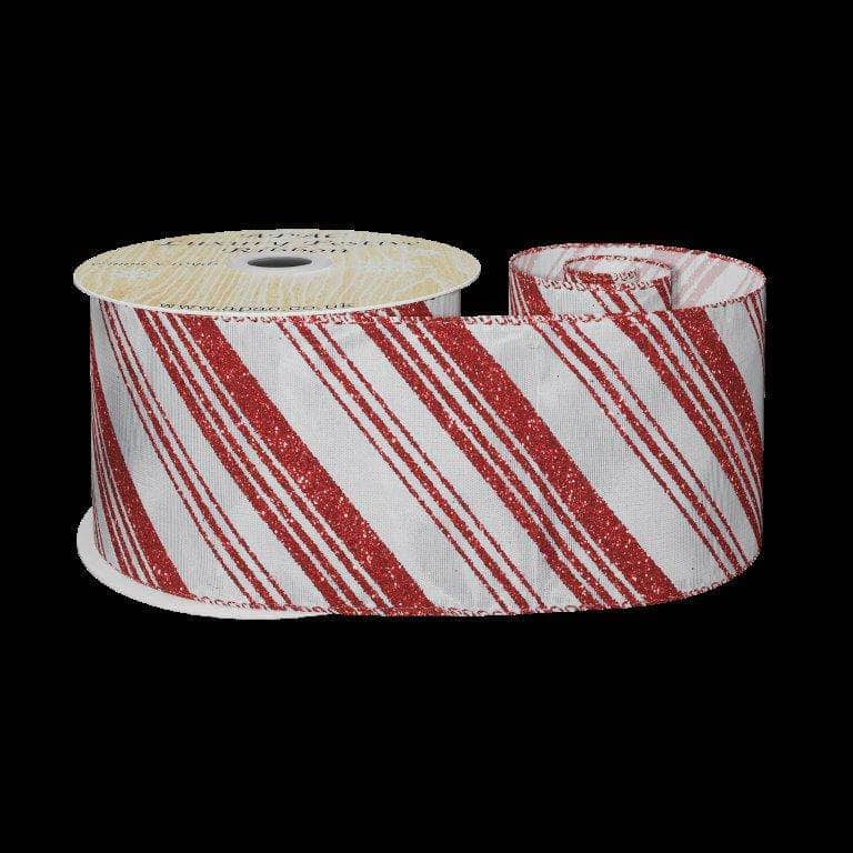 Christmas  -  White Satin Ribbon With Red Glitter Stripes - 63mm x 10 yards  -  60014179
