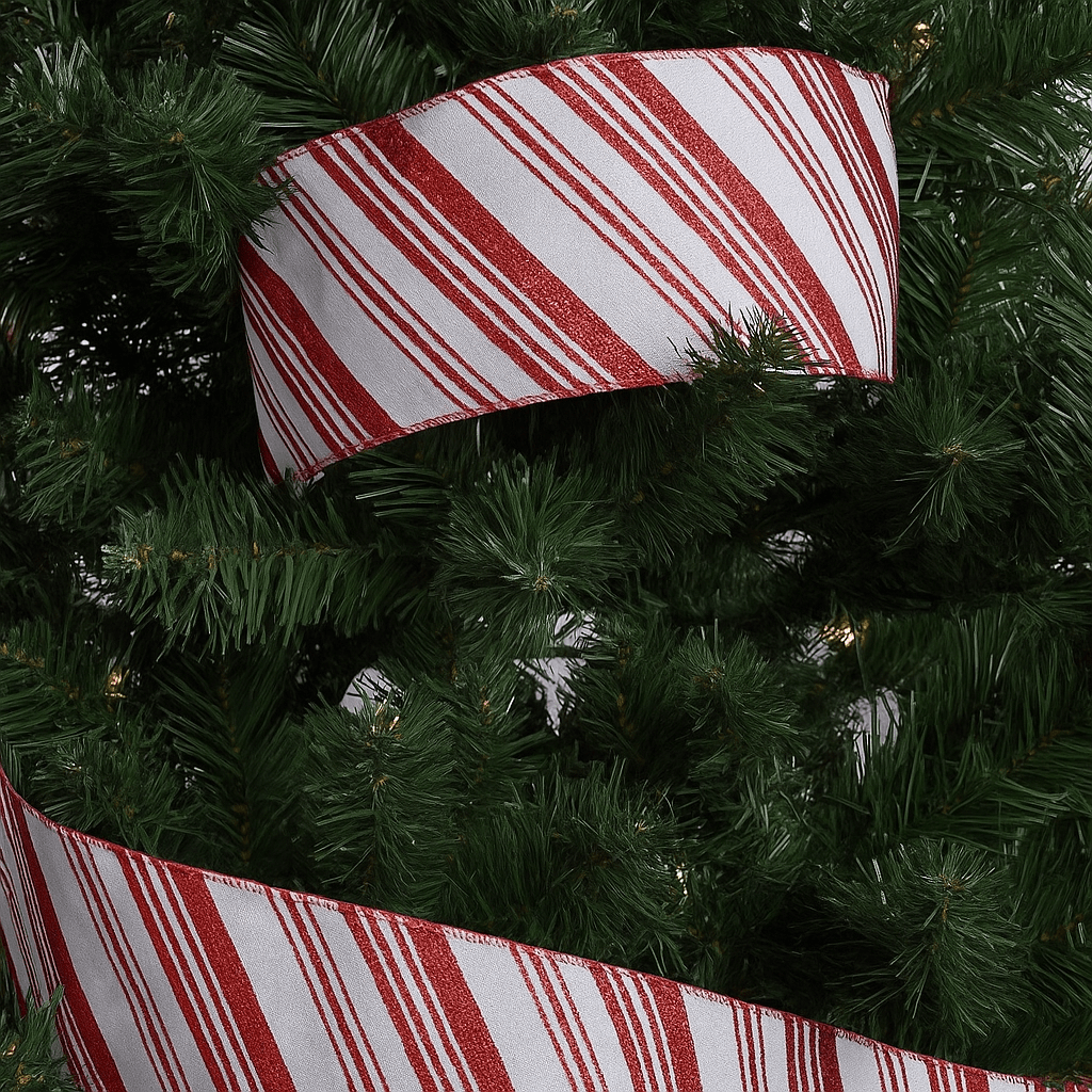 Christmas  -  White Satin Ribbon With Red Glitter Stripes - 63mm x 10 yards  -  60014179