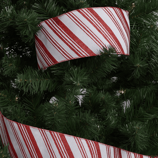 Christmas  -  White Satin Ribbon With Red Glitter Stripes - 63mm x 10 yards  -  60014179