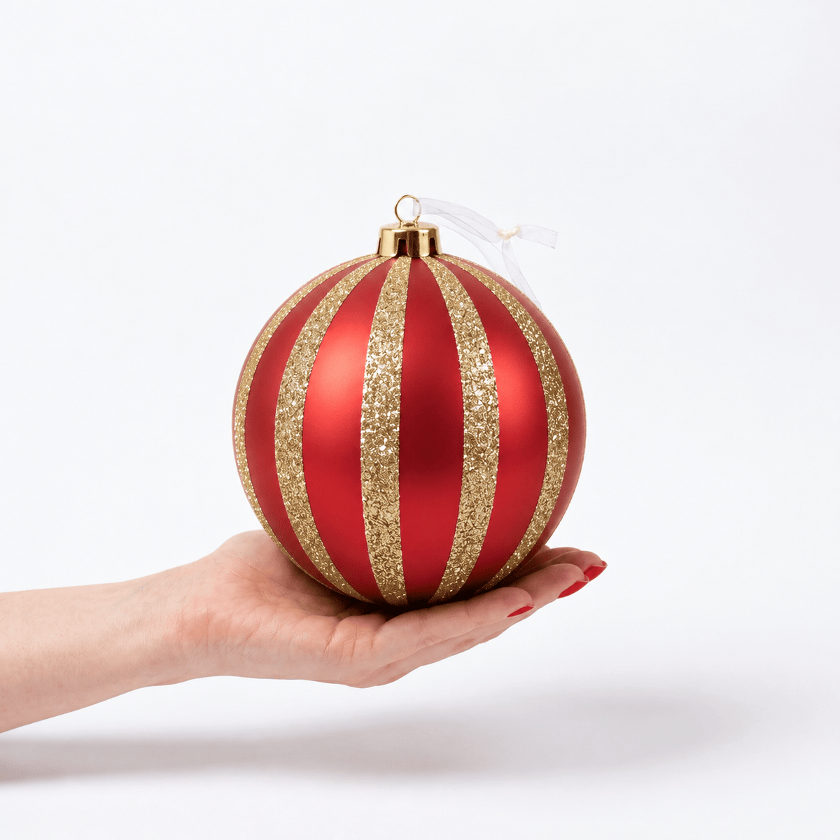 Christmas  -  Red & Gold Fine Glitter Stripe Bauble - 15cm  -  60486235