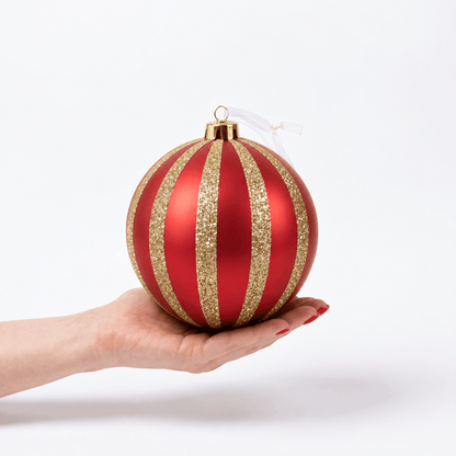 Christmas  -  Red & Gold Fine Glitter Stripe Bauble - 15cm  -  60486235