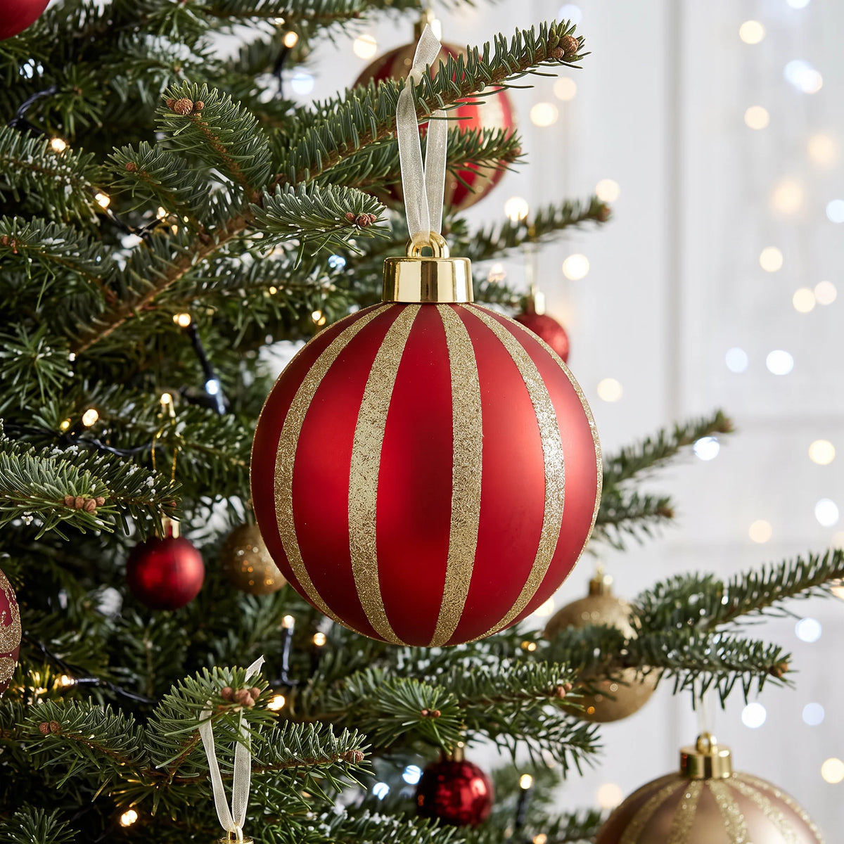 Christmas  -  Red & Gold Fine Glitter Stripe Bauble - 20cm  -  60486240