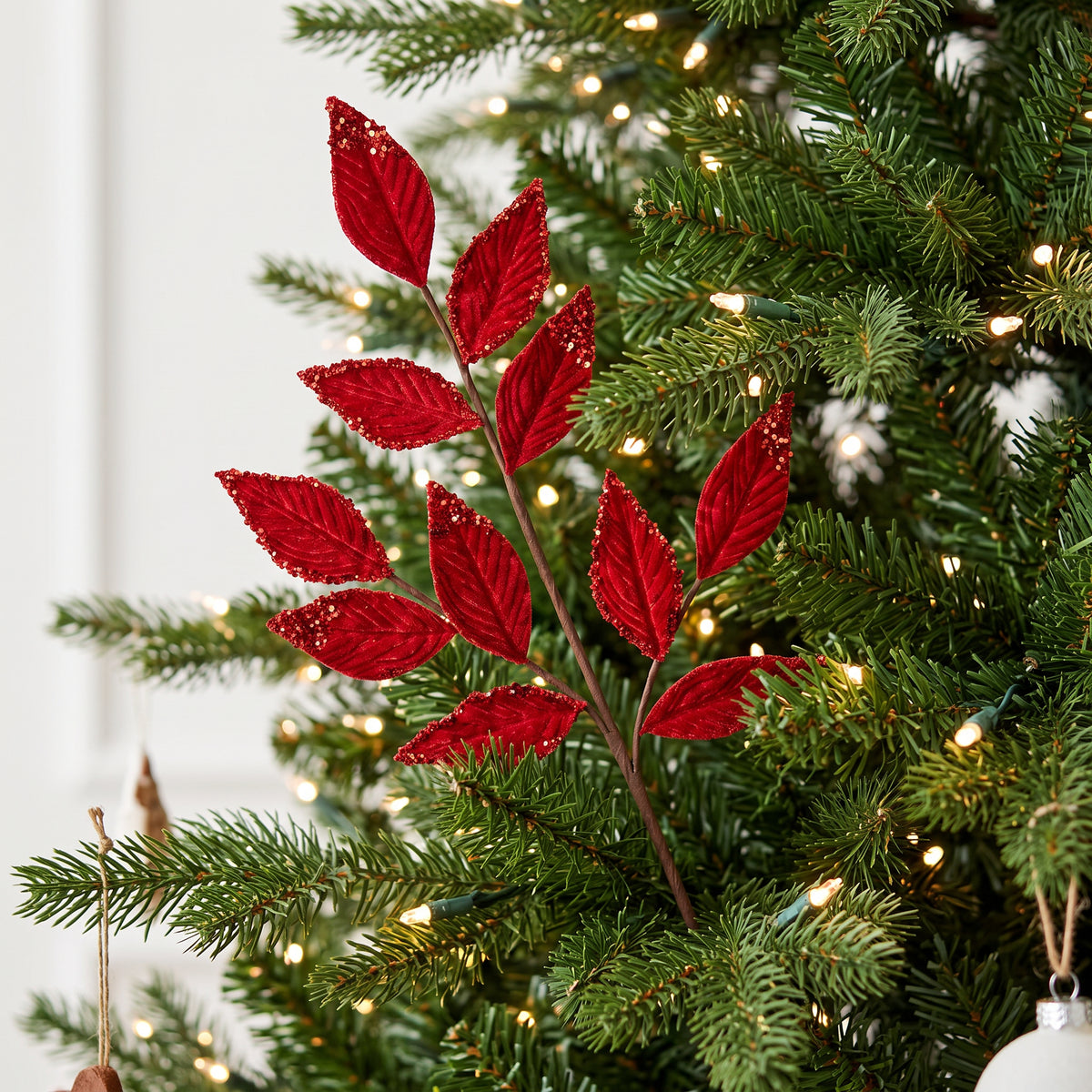 Red & Gold Velvet Glitter Leaf Spray 75cm styled in Christmas tree