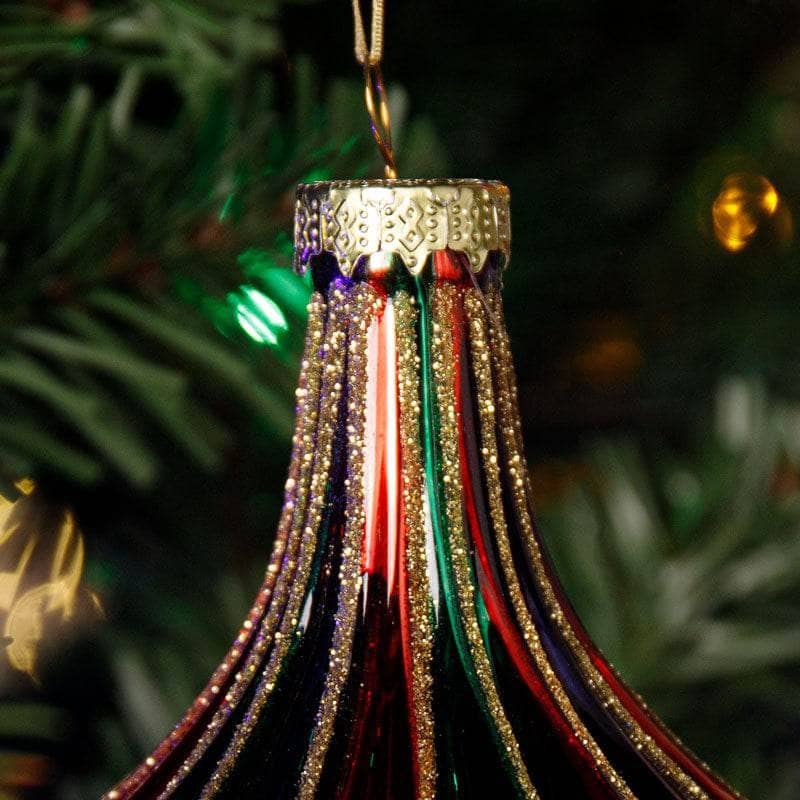 Christmas  -  Red Green and Navy Striped Onion-Shaped Glass Bauble - 11cm  -  60005001