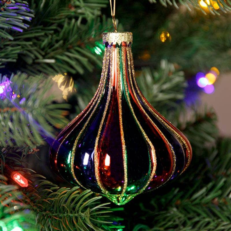 Christmas  -  Red Green and Navy Striped Onion-Shaped Glass Bauble - 11cm  -  60005001