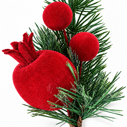 Red Pick 22cm close-up Christmas decoration with red velvet pomegranate and festive greenery