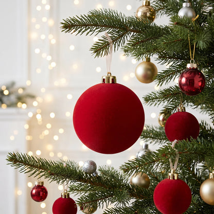 15cm red velvet Christmas bauble hanging on a festive tree with gold, silver and red ornaments surrounded by warm white fairy lights