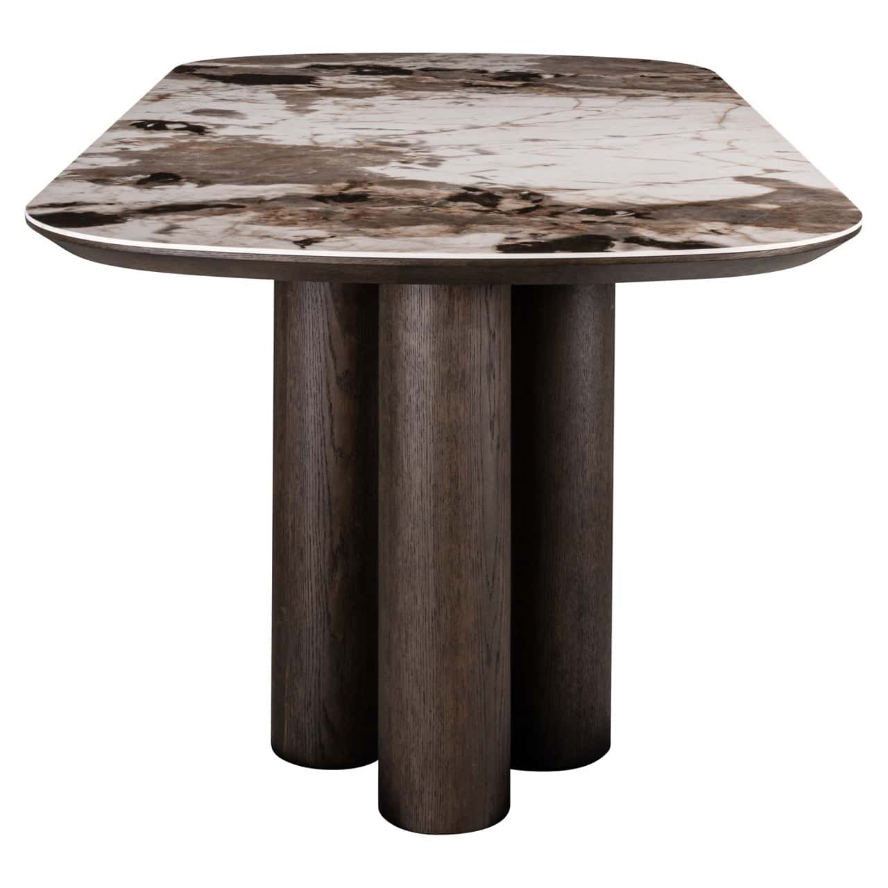 Richmond Langford Dining Table end view with dark wood cylindrical pedestal legs