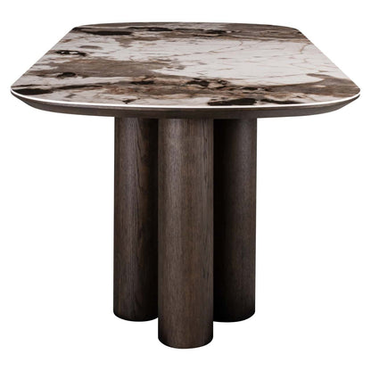 Richmond Langford Dining Table end view with dark wood cylindrical pedestal legs